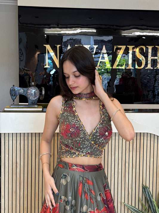 Halter Neck Olive Crop Top Skirt Set