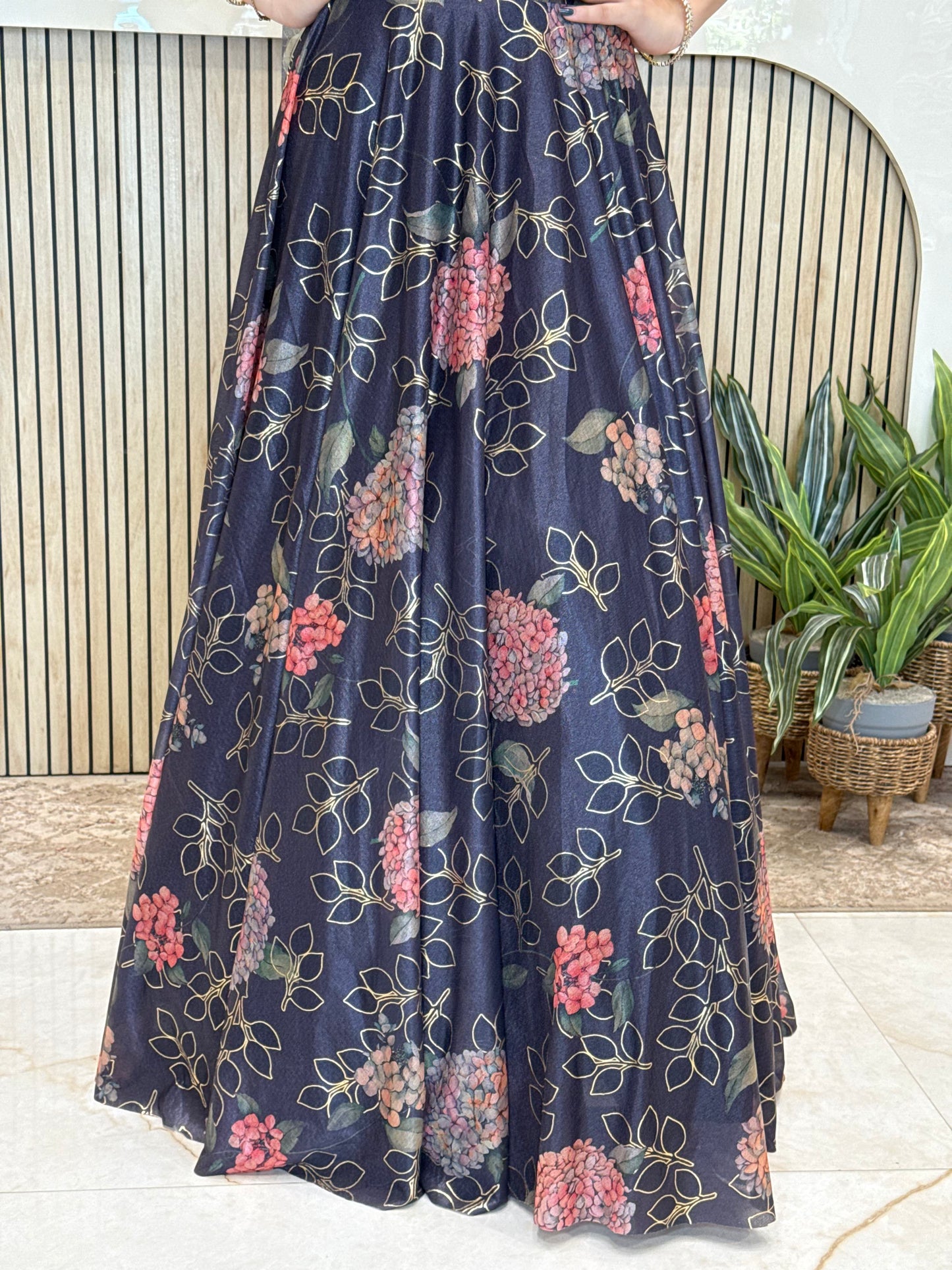 Blue Corset Crop Top Skirt Set with Floral Print & Handwork