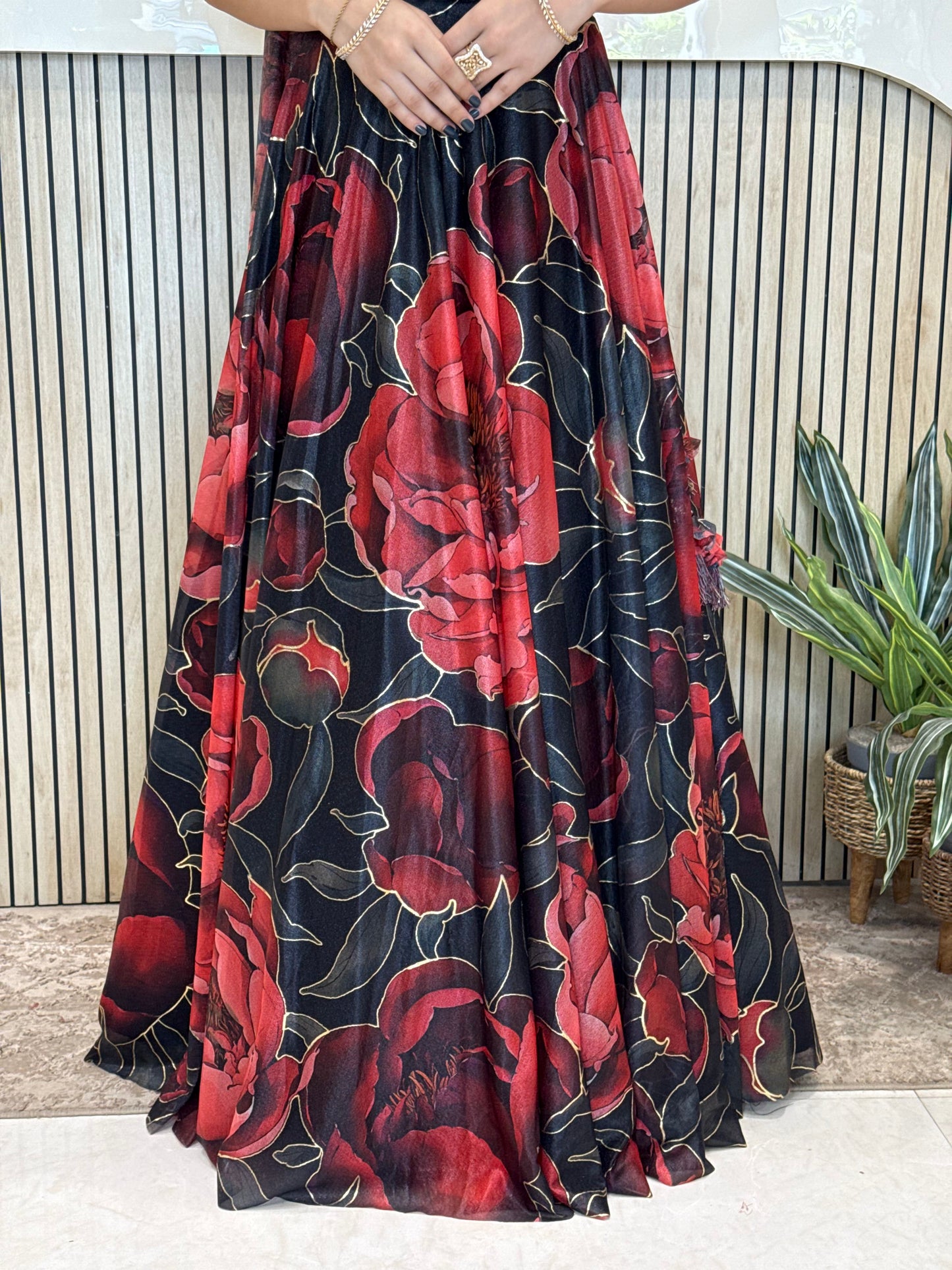 Black Crop Top with Lycra Skirt Set with Forbidden Roses