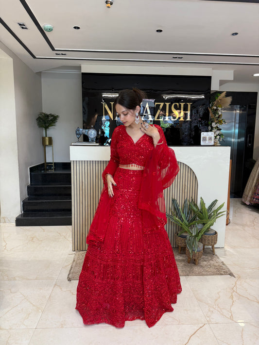 Red Net Fish Cut Lehenga