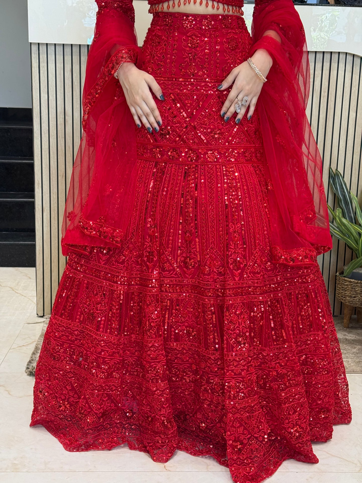 Red Net Fish Cut Lehenga