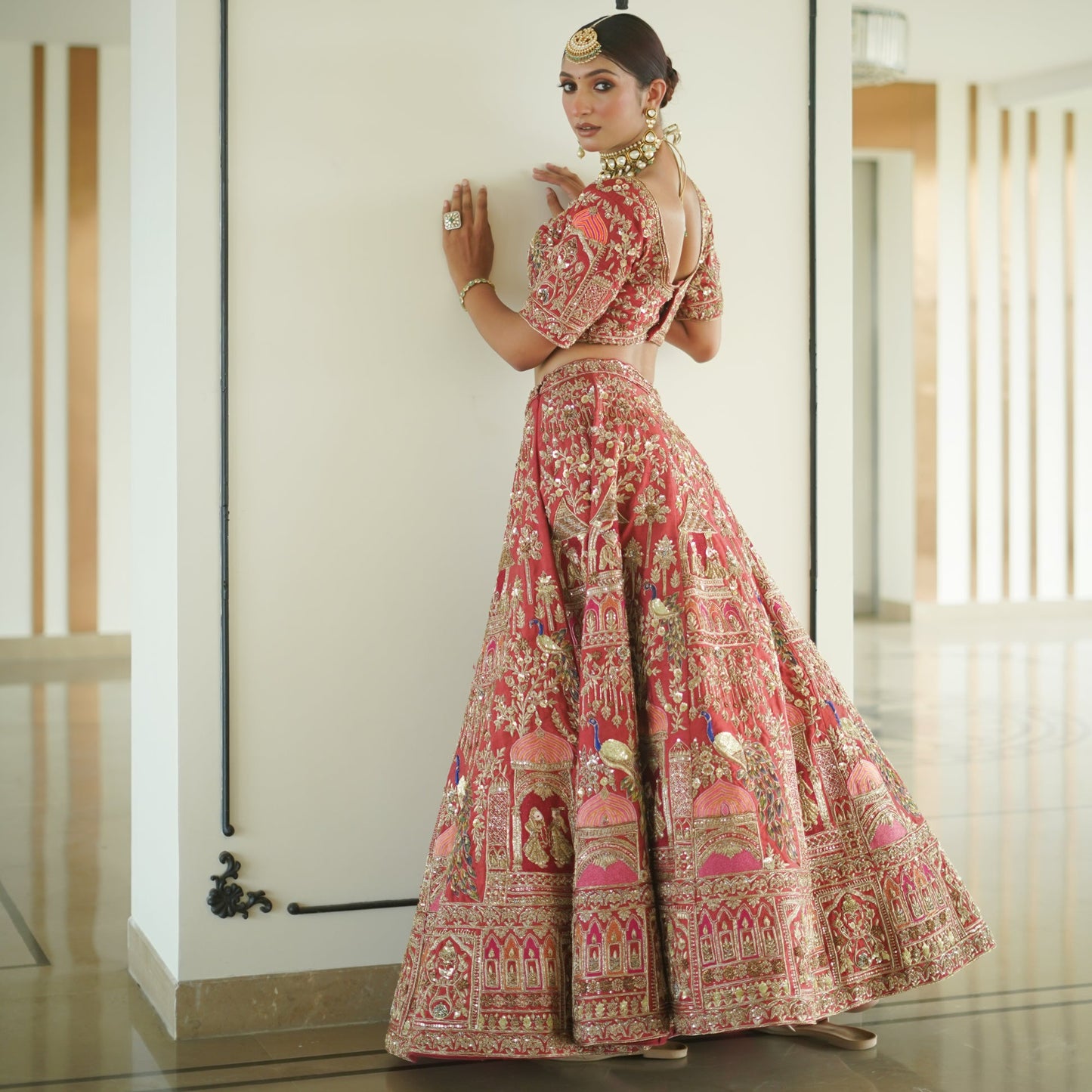 Rust Raw Silk Lehenga with Baraat Motifs
