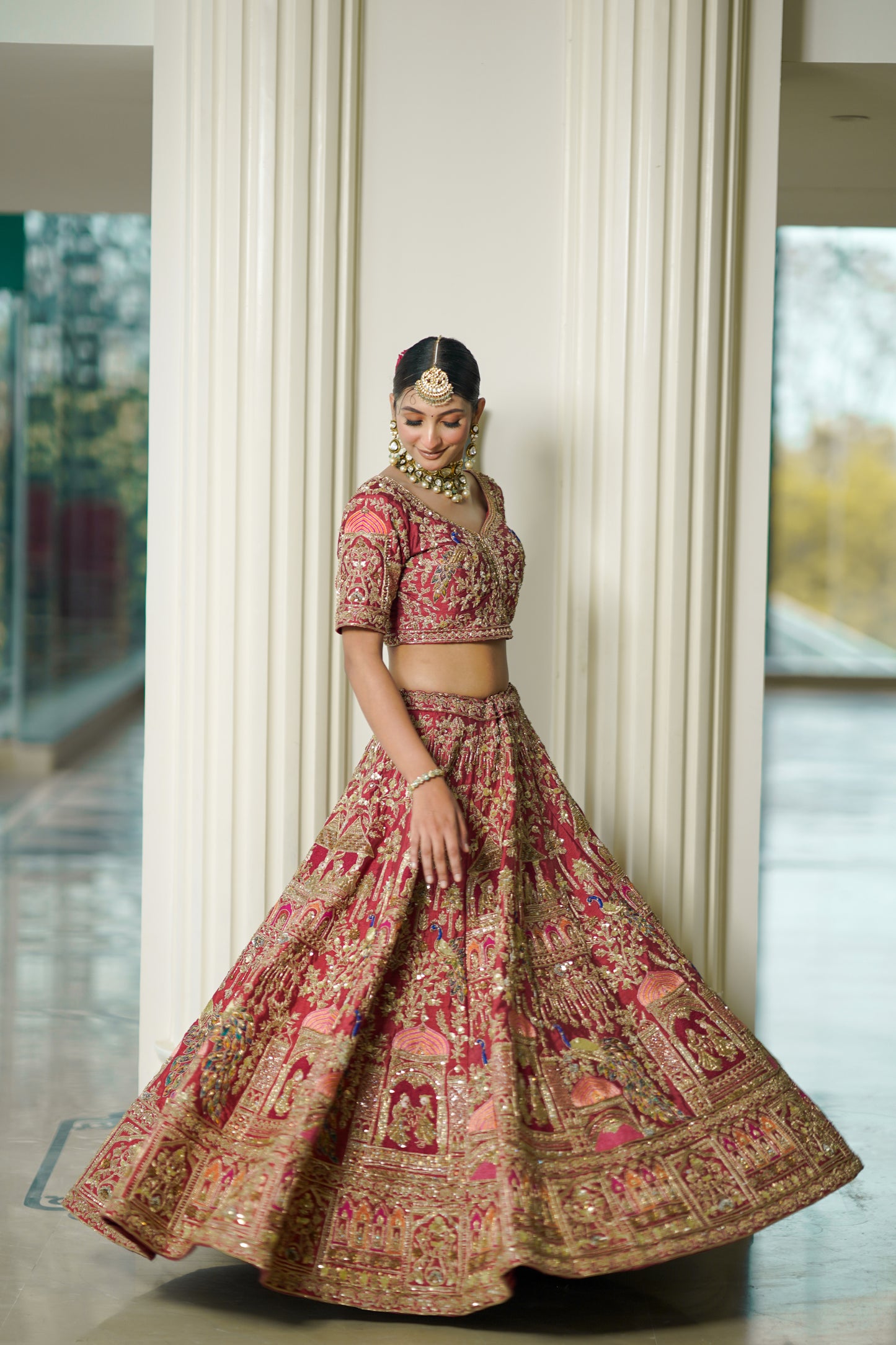 Rust Raw Silk Lehenga with Baraat Motifs