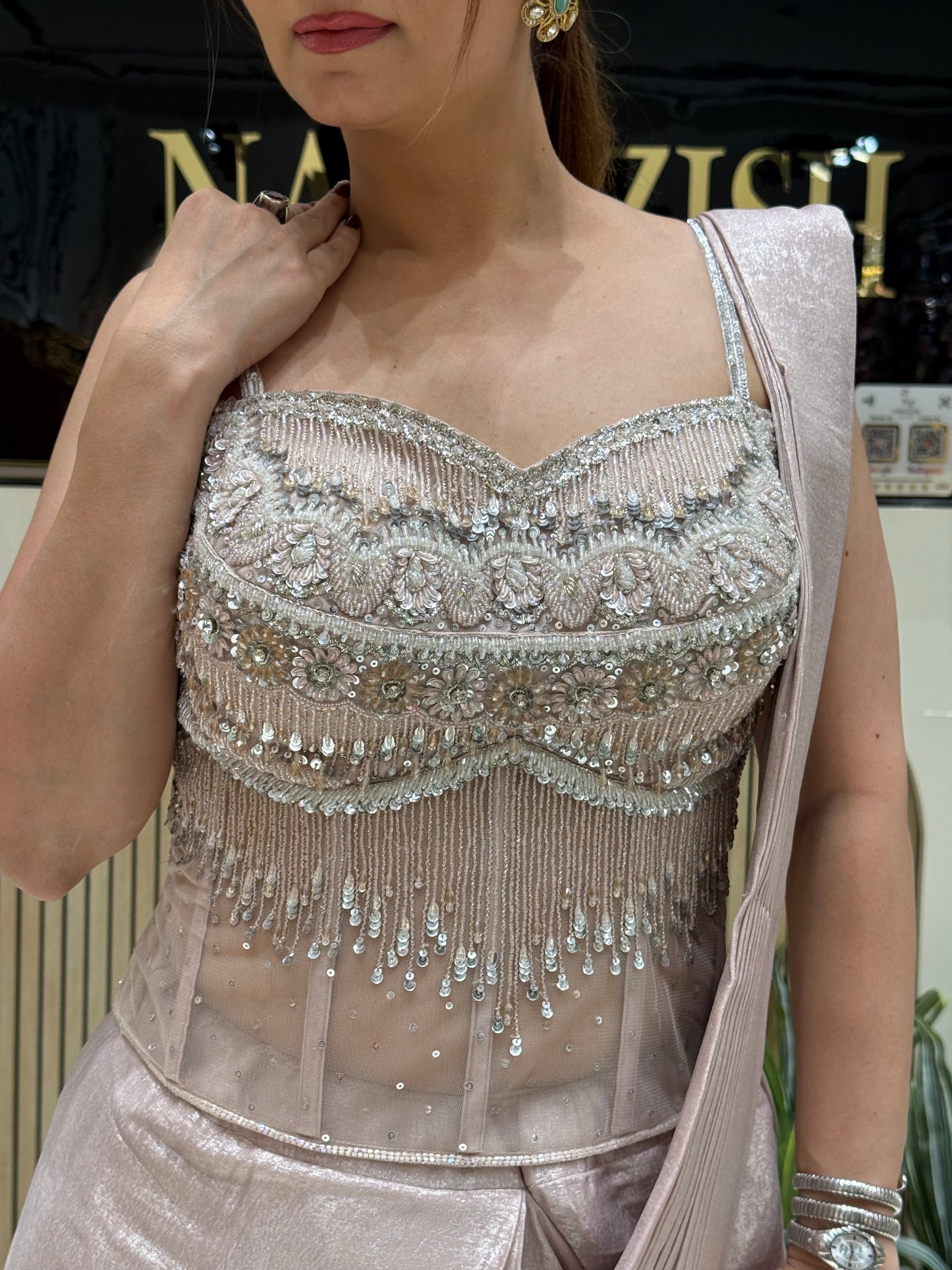 Glamorous Rose Gold Drape Saree with Sequence Kartdana Work