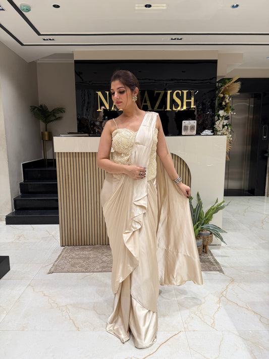 Elegant Beige Drape Saree in Satin with Layered Design & Handwork Blouse
