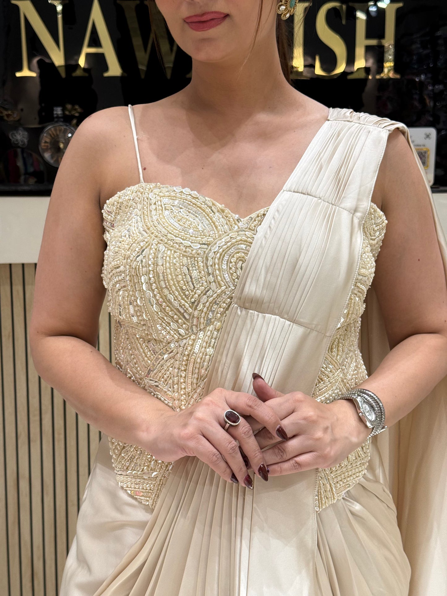 Elegant Beige Drape Saree in Satin with Layered Design & Handwork Blouse