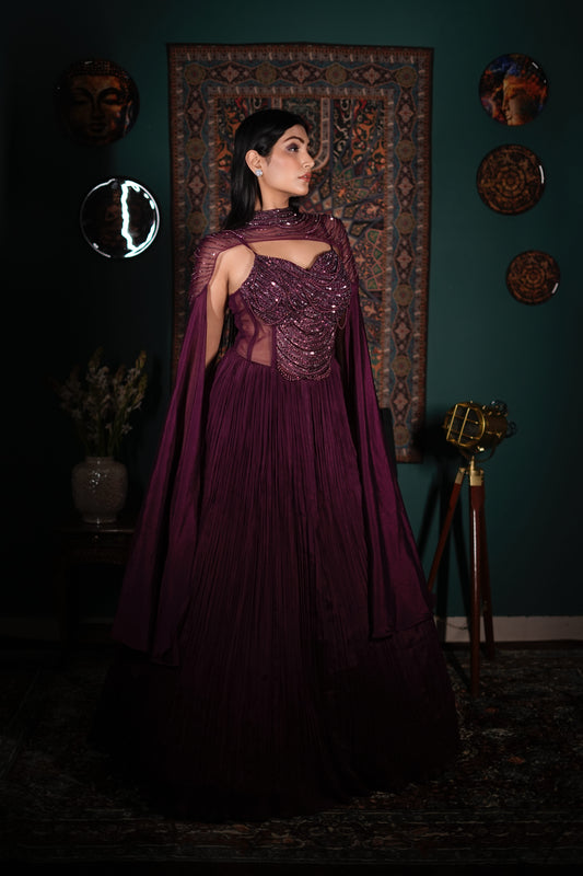 Luxury Wine Cape Dress | Indo Western One Piece Outfit | Embellished Net Blouse with Skirt | Designer Fusion Wear India | Bridal Cocktail Indo Western | Wedding Guest Outfit India | Contemporary Ethnic Wear | Elegant Indo Western Ensemble | Premium Party Wear Women | Couture Indo Western Look