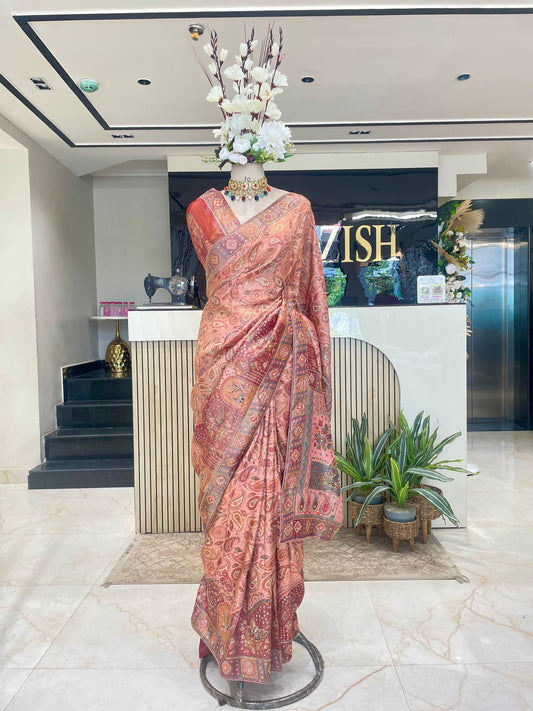 Gajri Pink Tissue Saree with Position Print