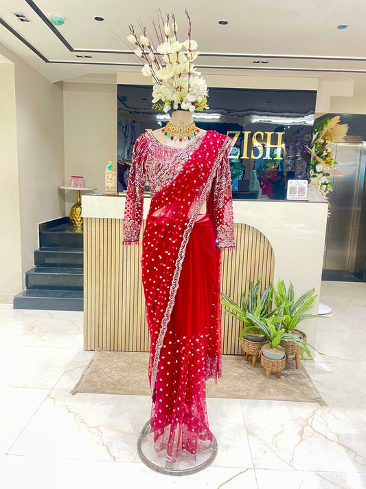 Maroon Net Saree with Sequins & Zarkan Work