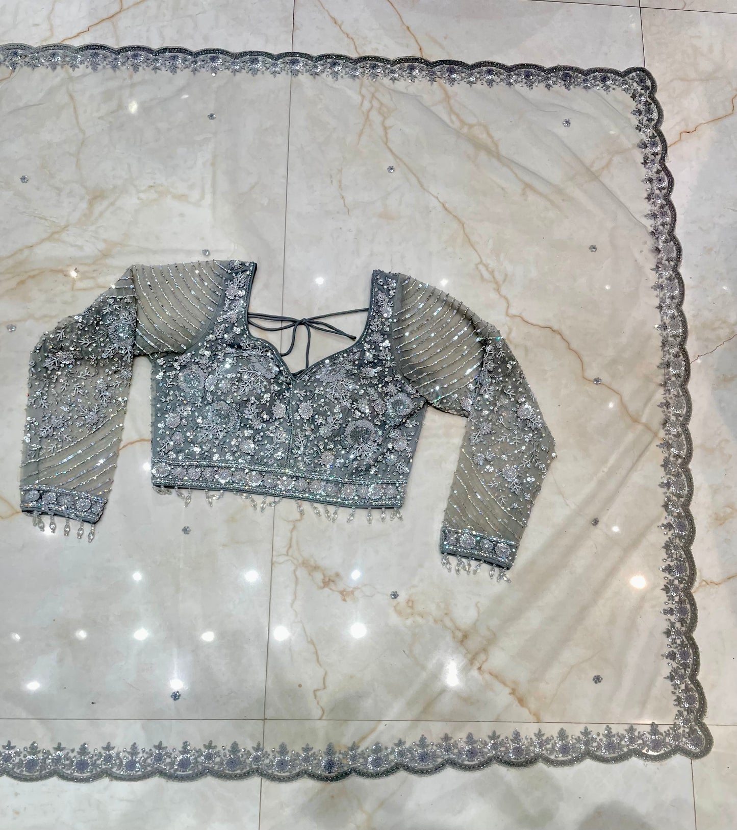 Elegant Grey Net Saree with Sequins Zarkan & Katdana Work