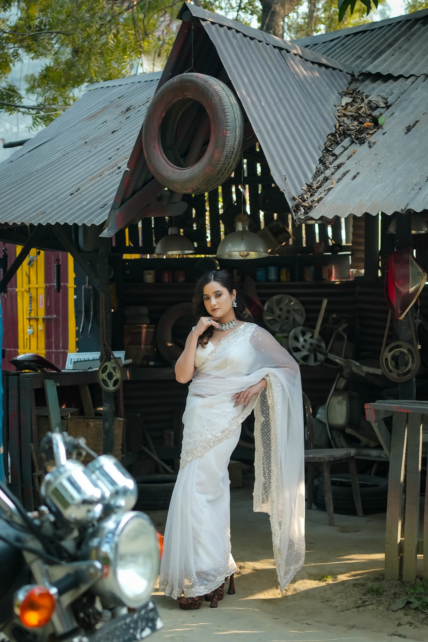pure white organza saree