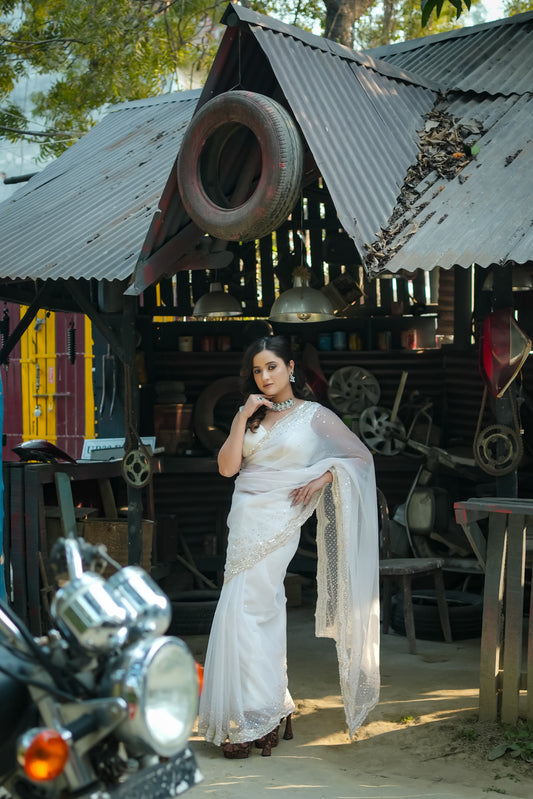 pure white organza saree