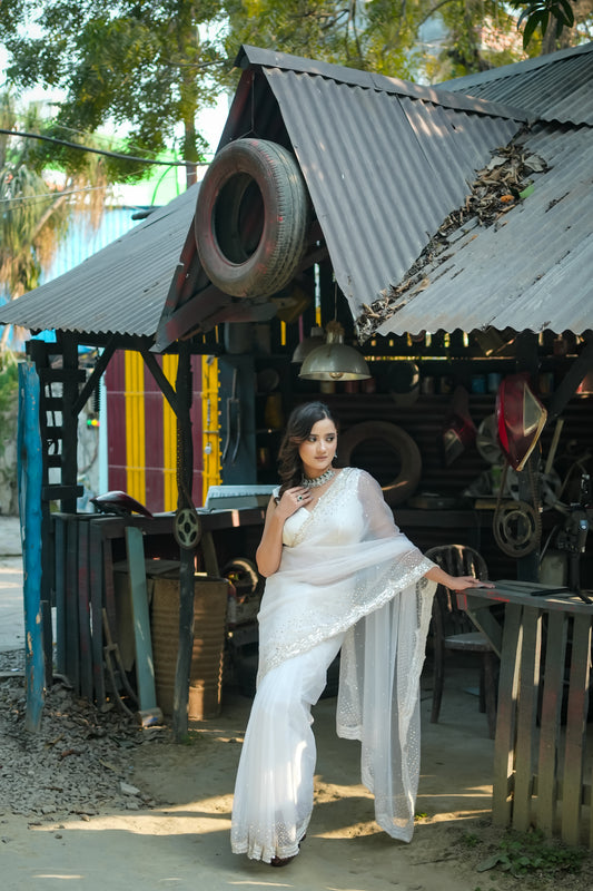 pure white organza saree