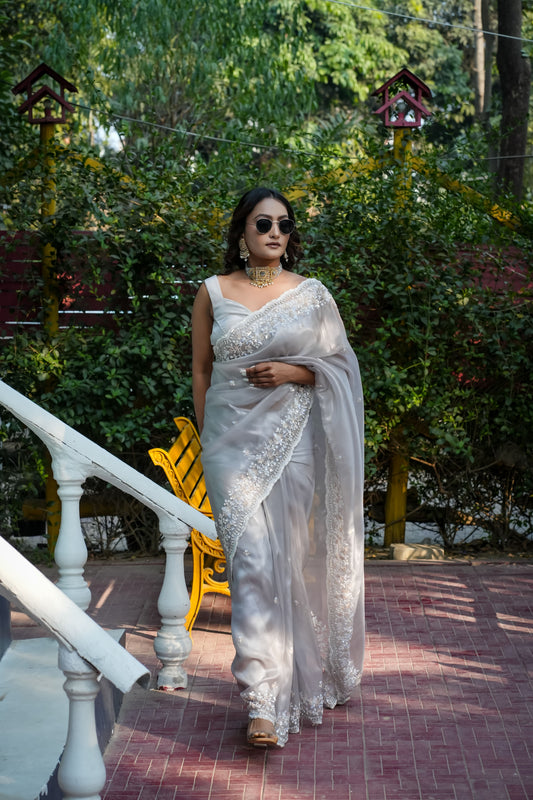 grey tissue saree