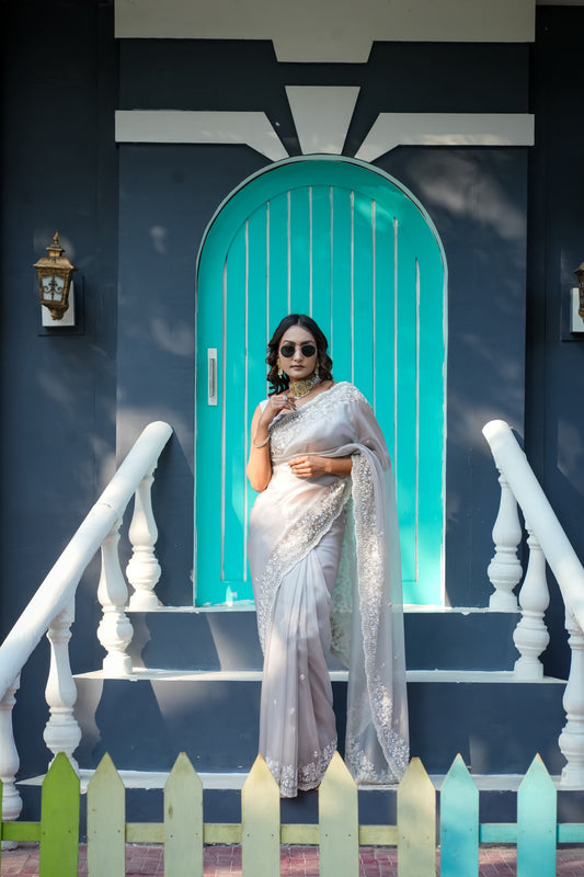 grey tissue saree