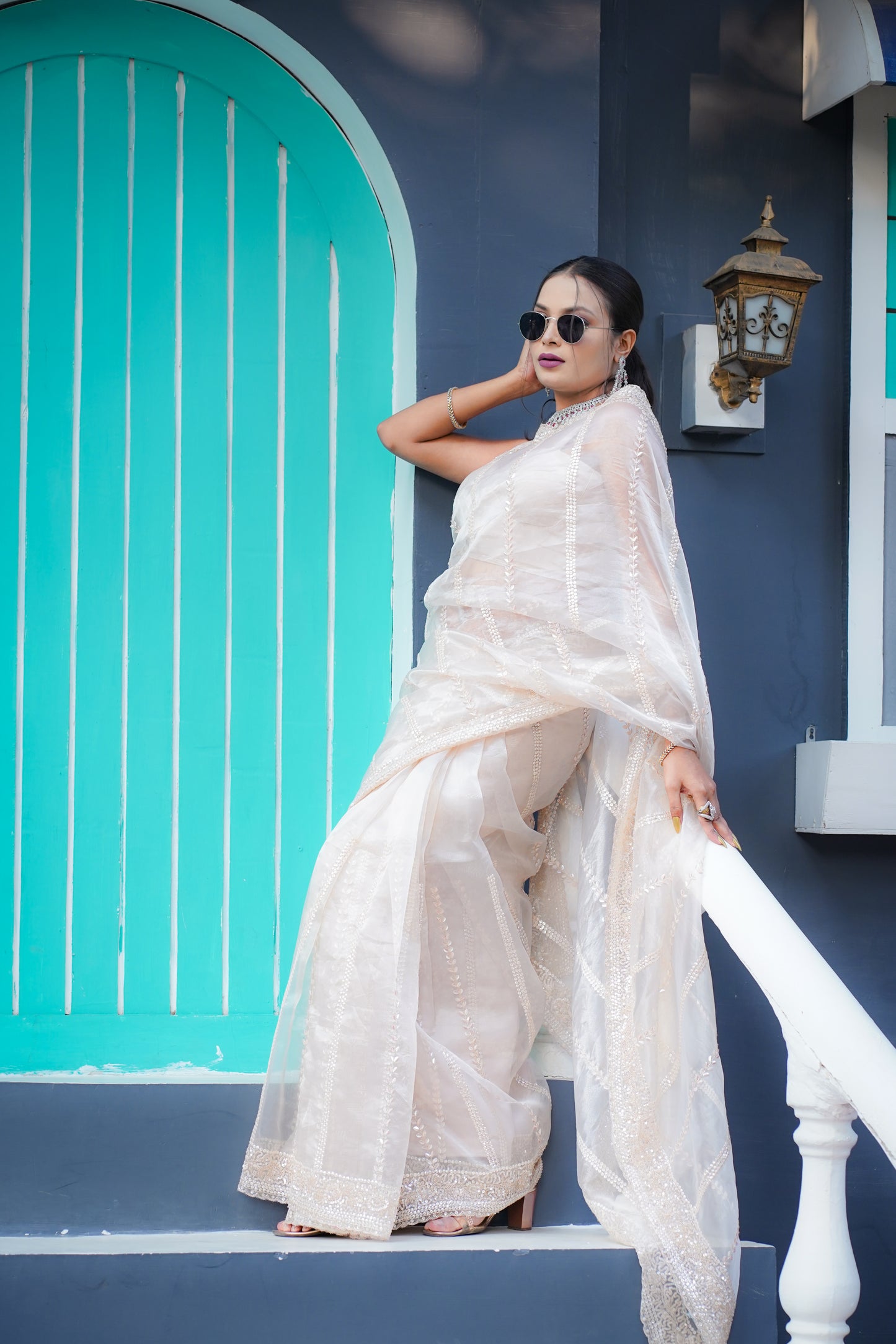 Ivory organza tissue saree