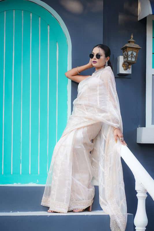 Ivory organza tissue saree