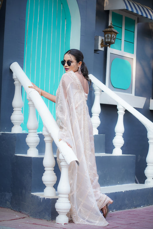 Ivory organza tissue saree