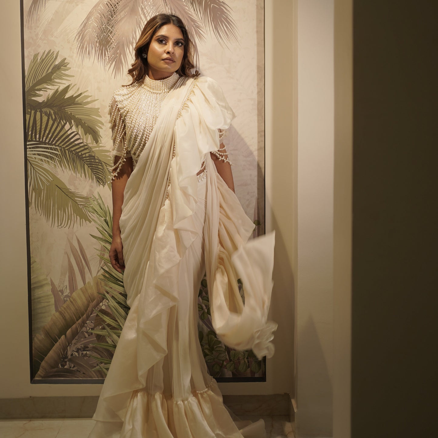 White Goddess Ruffle Drape Saree