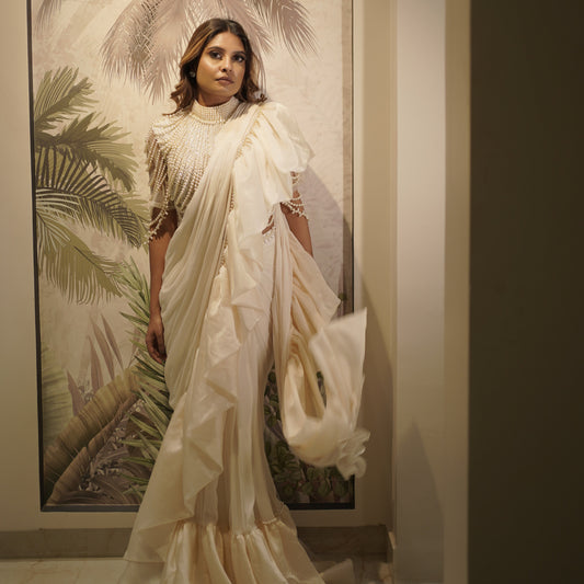 White Goddess Ruffle Drape Saree