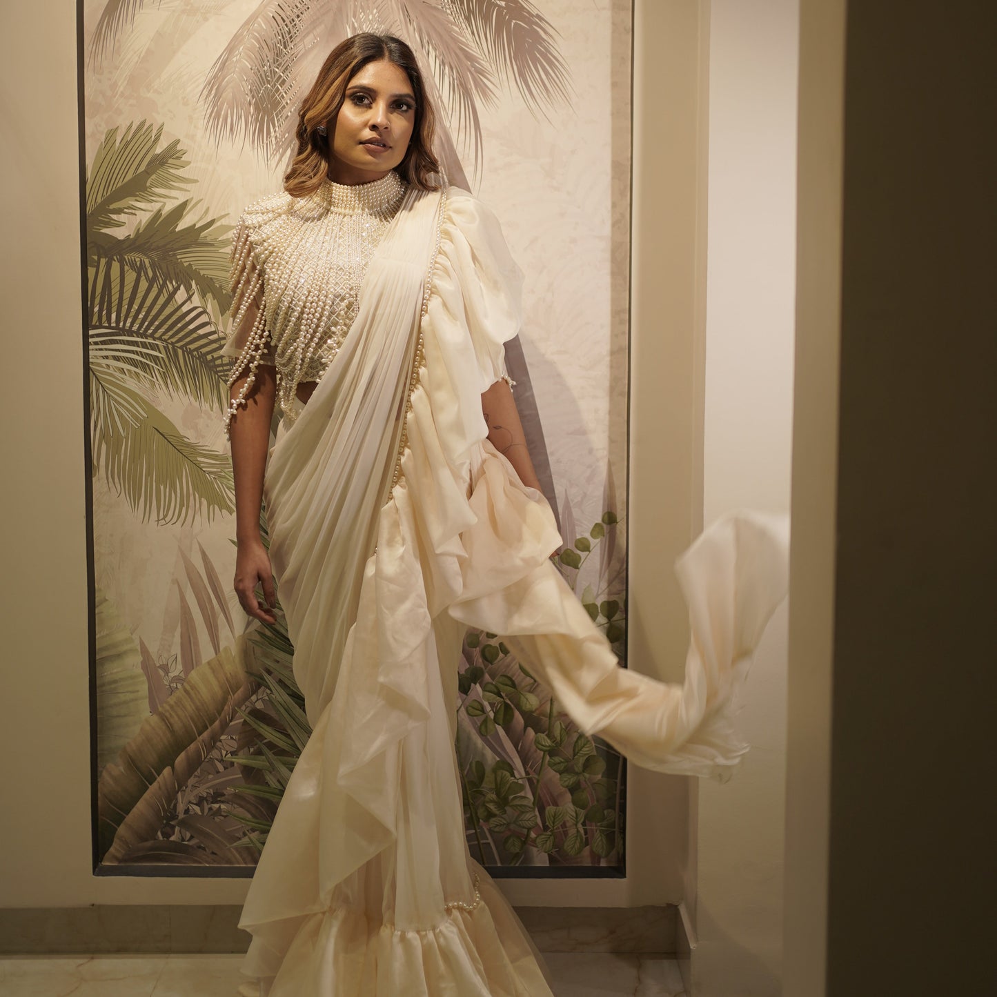 White Goddess Ruffle Drape Saree