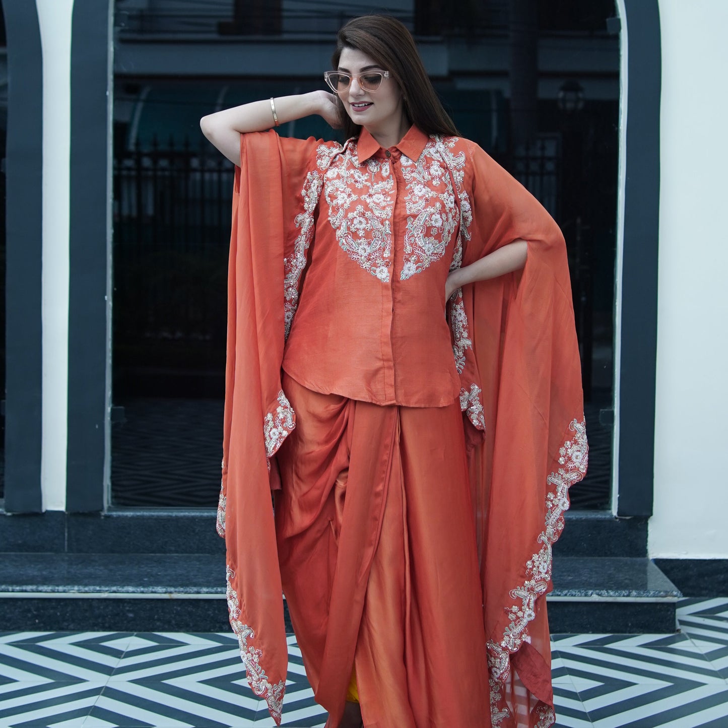 Tara-Banafsha – Hand Embellished Tangerine Cape Set