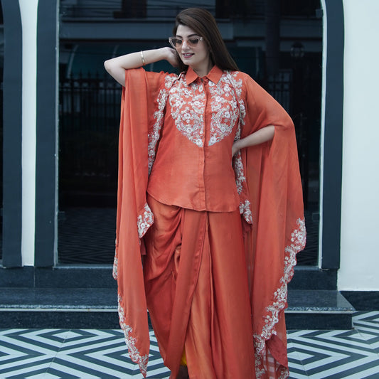 Tara-Banafsha – Hand Embellished Tangerine Cape Set