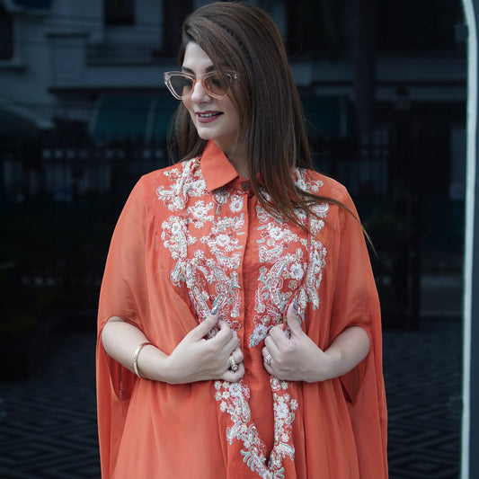 Tara-Banafsha – Hand Embellished Tangerine Cape Set