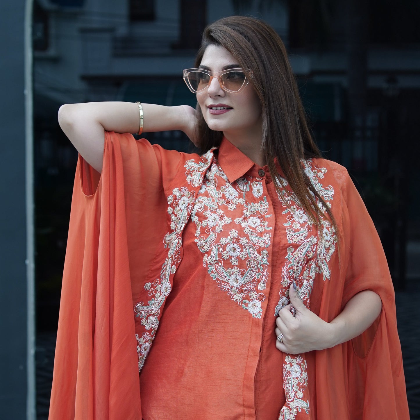 Tara-Banafsha – Hand Embellished Tangerine Cape Set