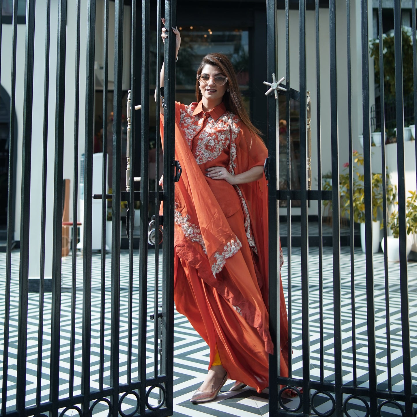 Tara-Banafsha – Hand Embellished Tangerine Cape Set