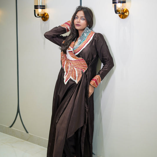 Chand-Mitti – Hand Embellished Brown Silk Anghrakha Dress