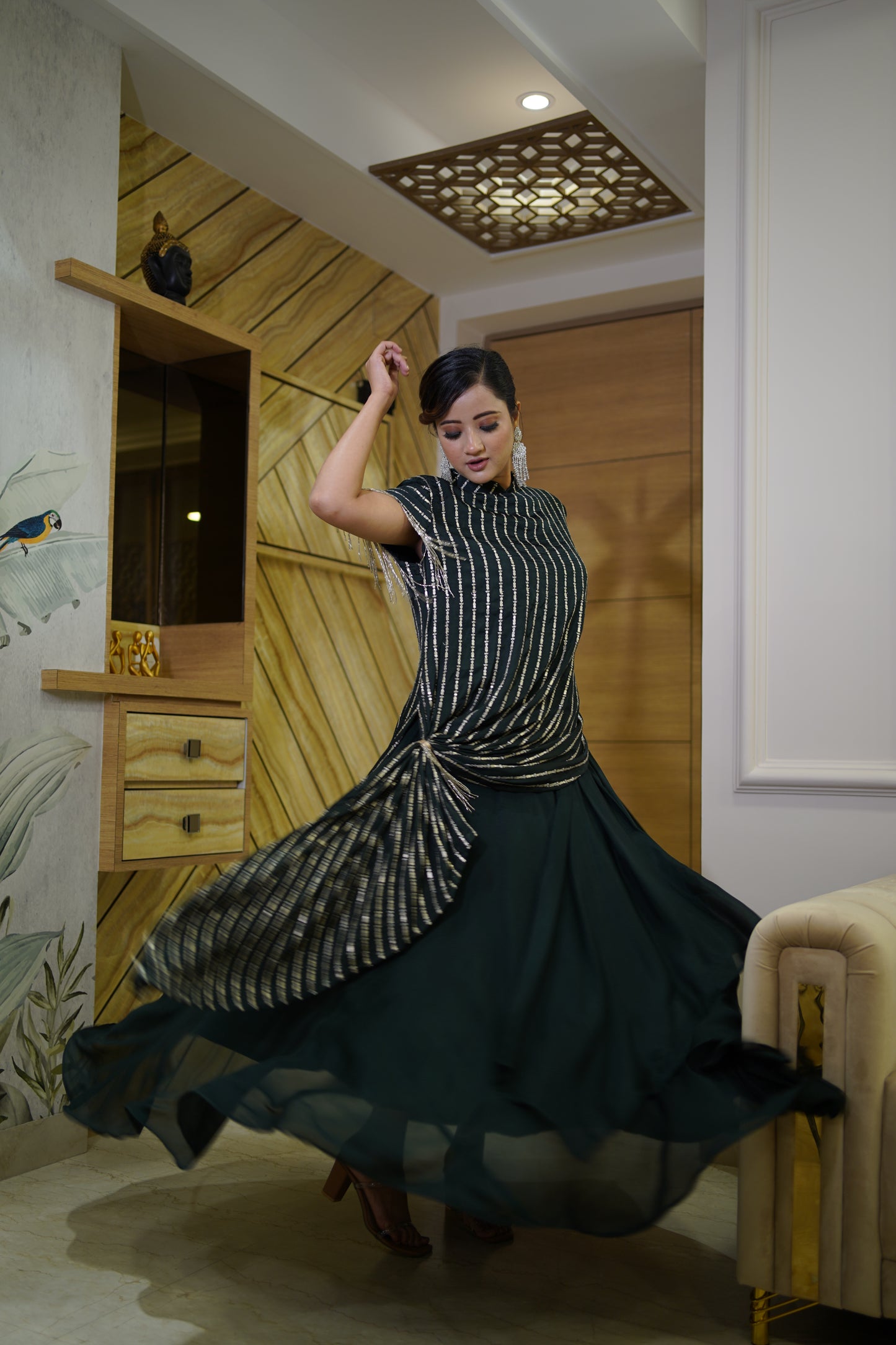 Green Embellished Gown with Skirt