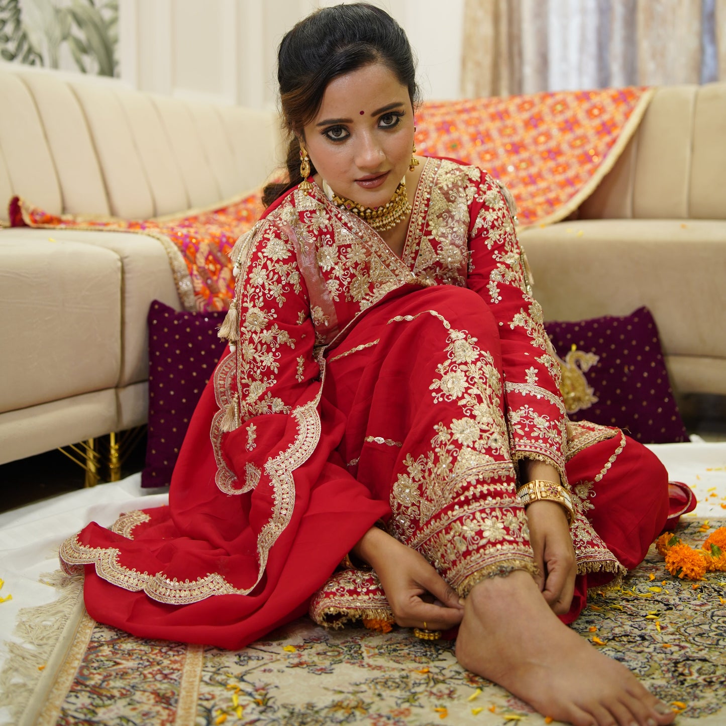 Laal-Banarsi – Hand Embellished Red Tissue Plazo Suit