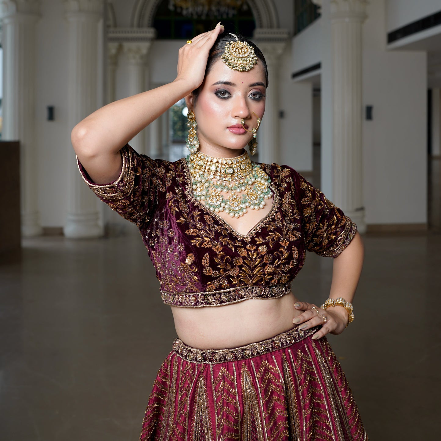 Maroon 3D Lehenga in Raw Silk & Tissue Blend
