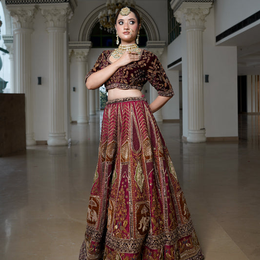 Maroon 3D Lehenga in Raw Silk & Tissue Blend