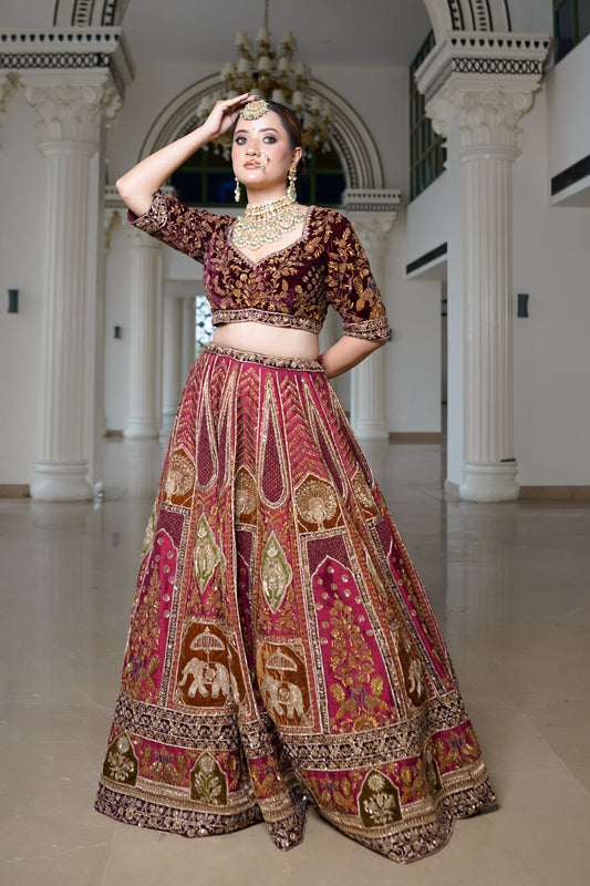 Maroon 3D Lehenga in Raw Silk & Tissue Blend