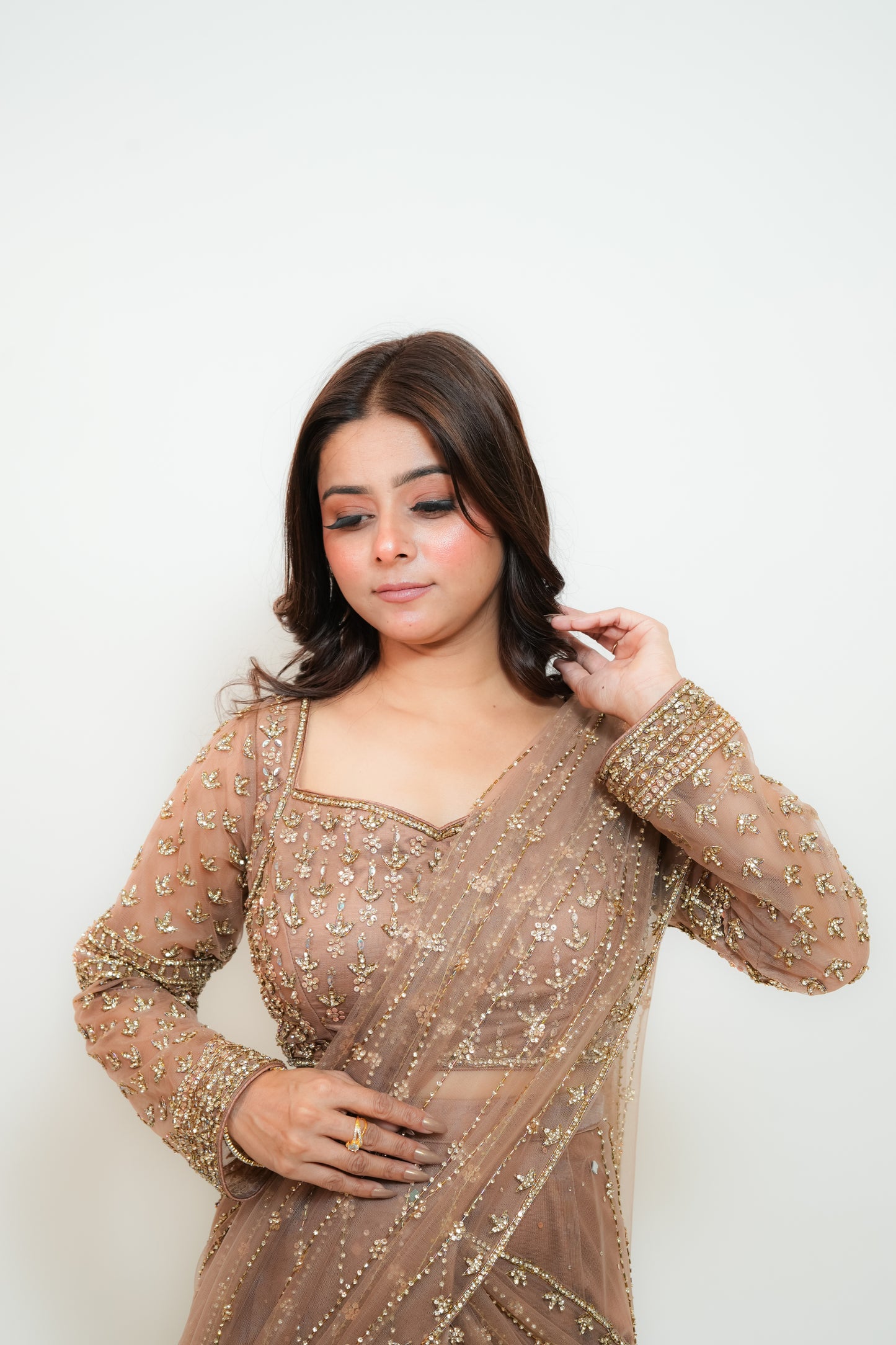 Brown glow drape saree