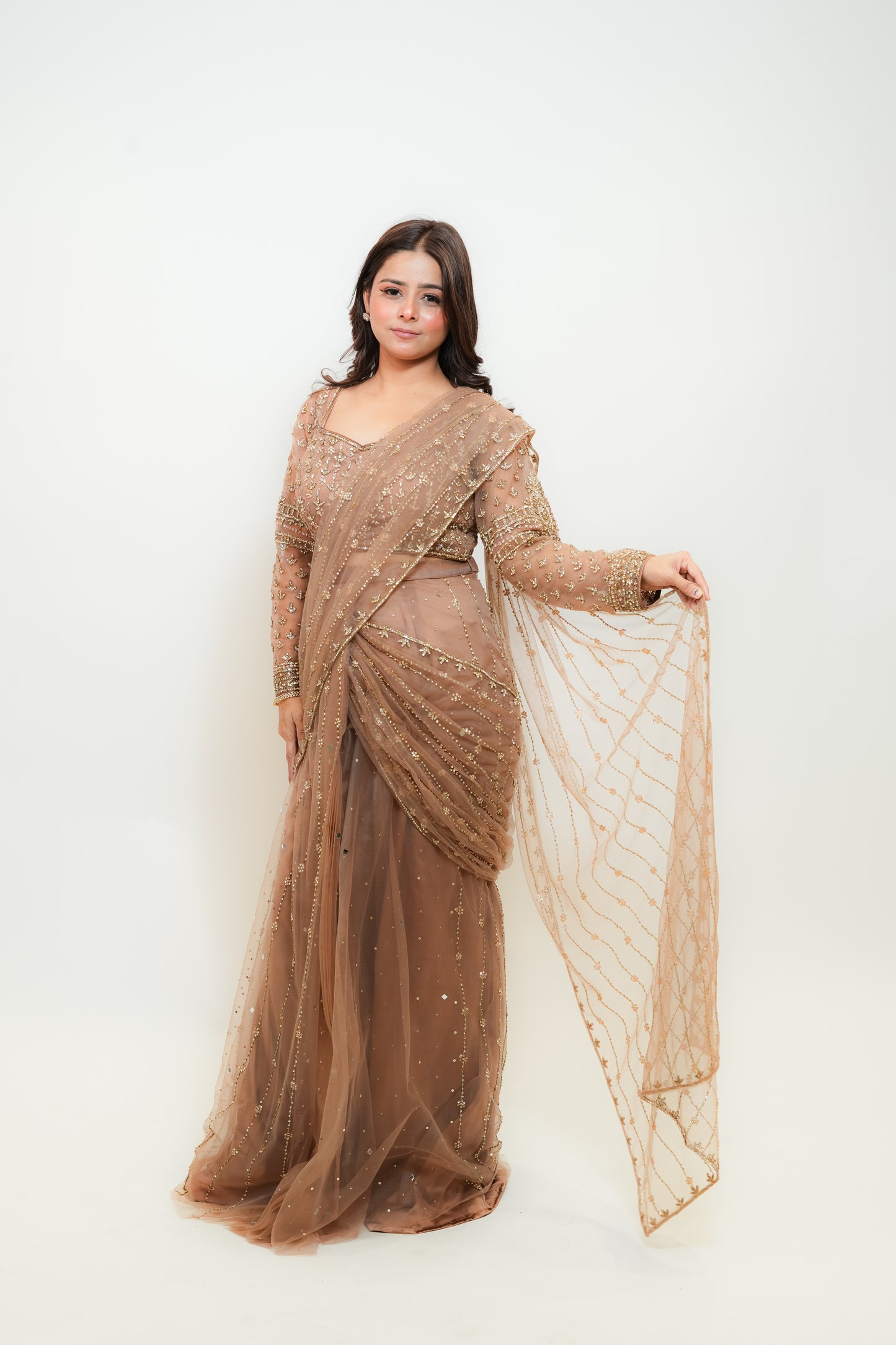 Brown glow drape saree