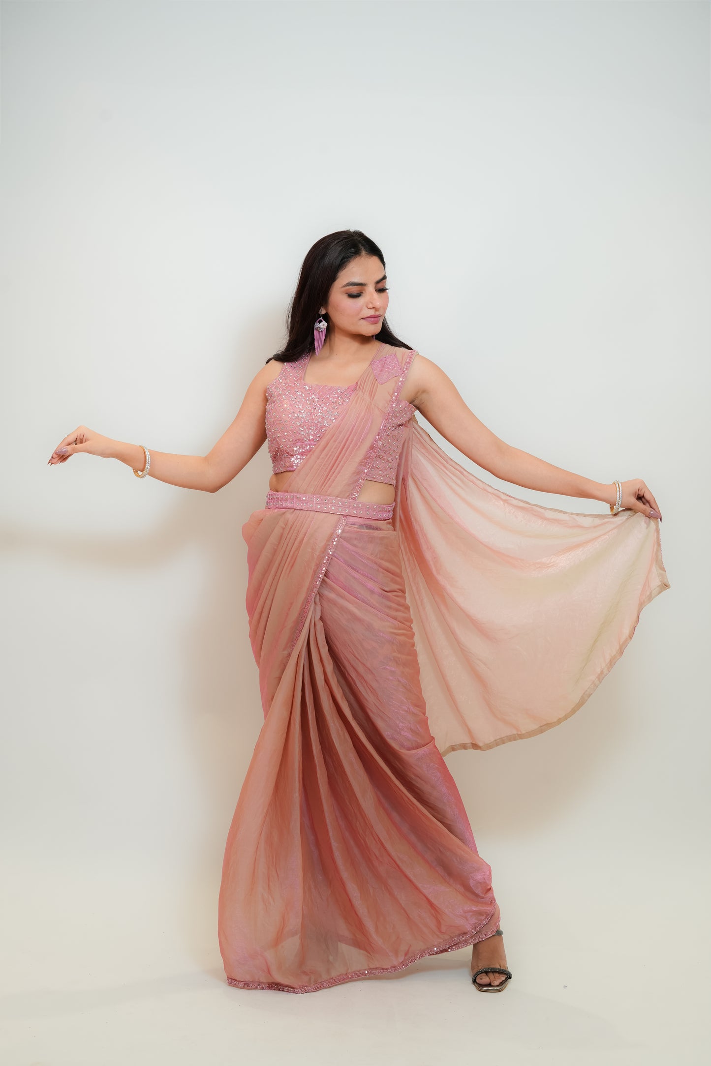 Blush onion pink drape saree