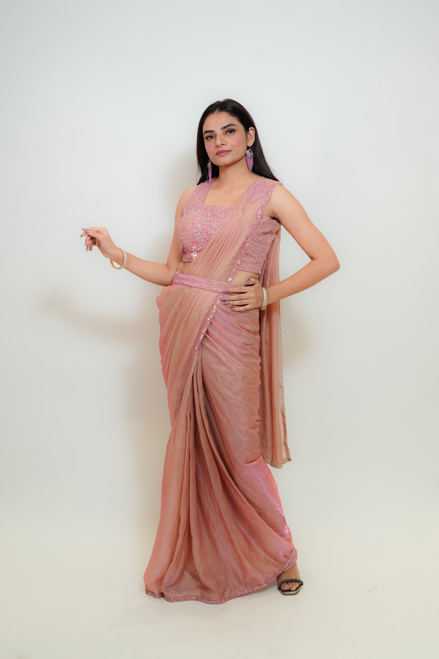 Blush onion pink drape saree