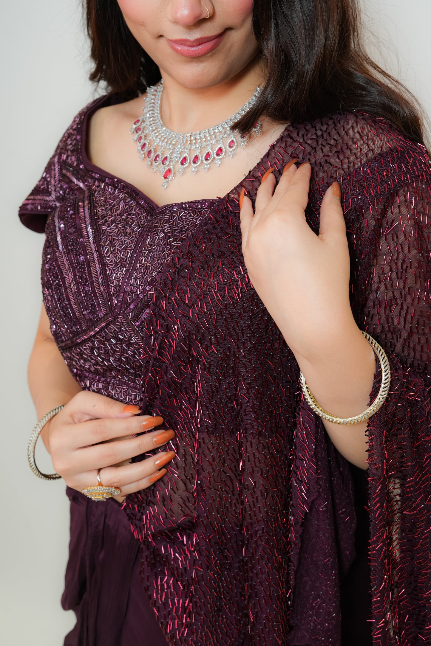 Deep wine drape saree