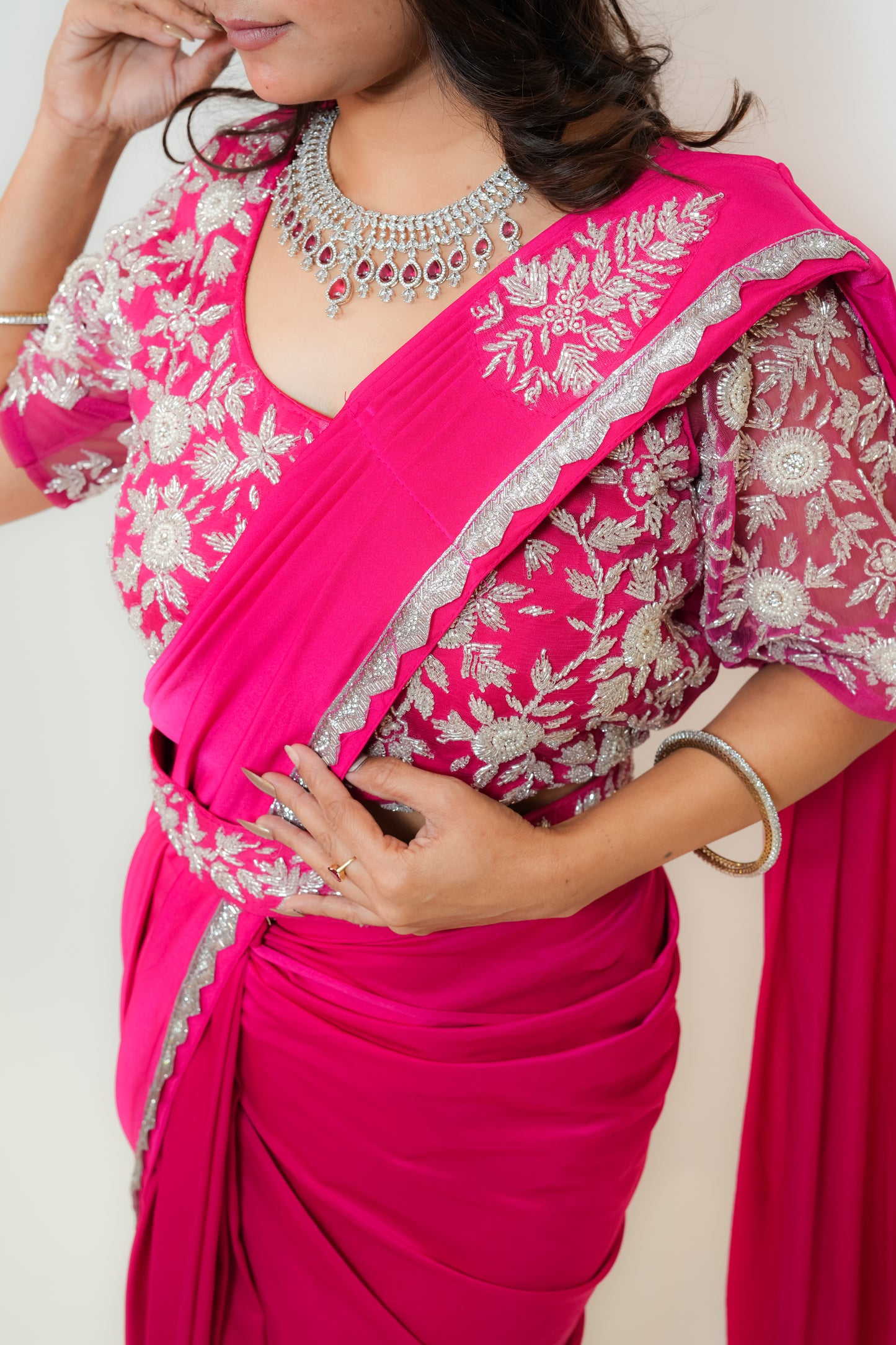 Bold in pink drape saree