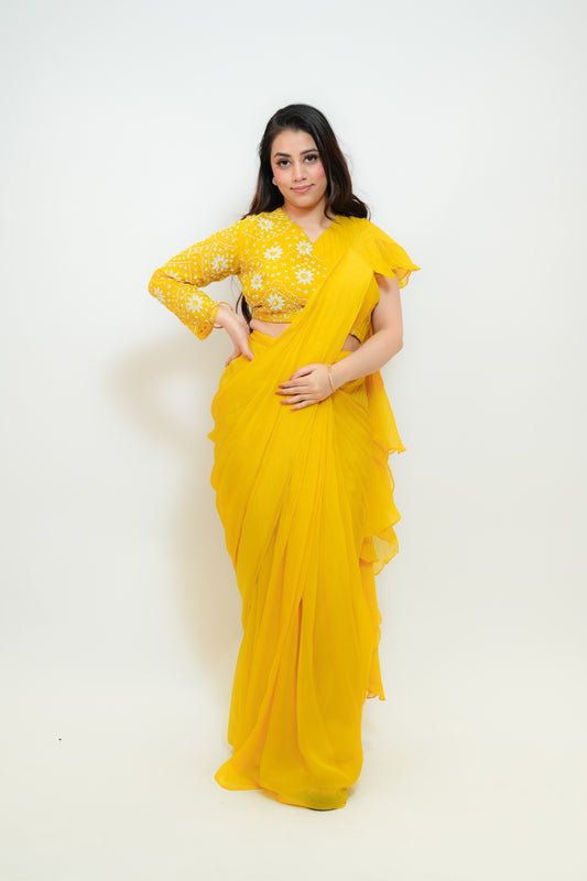 Bright yellow drape saree