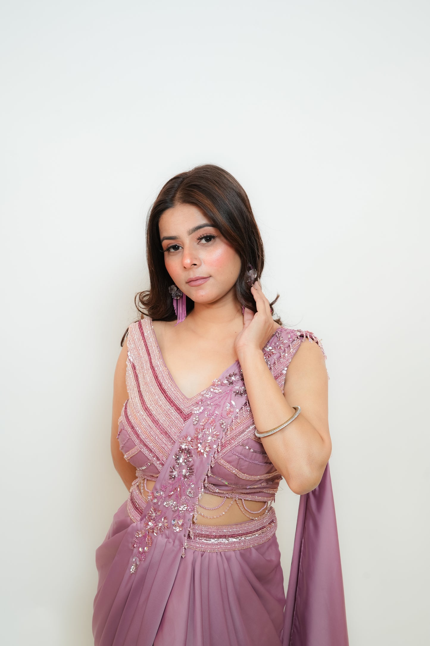 Onion pink bloom drape saree