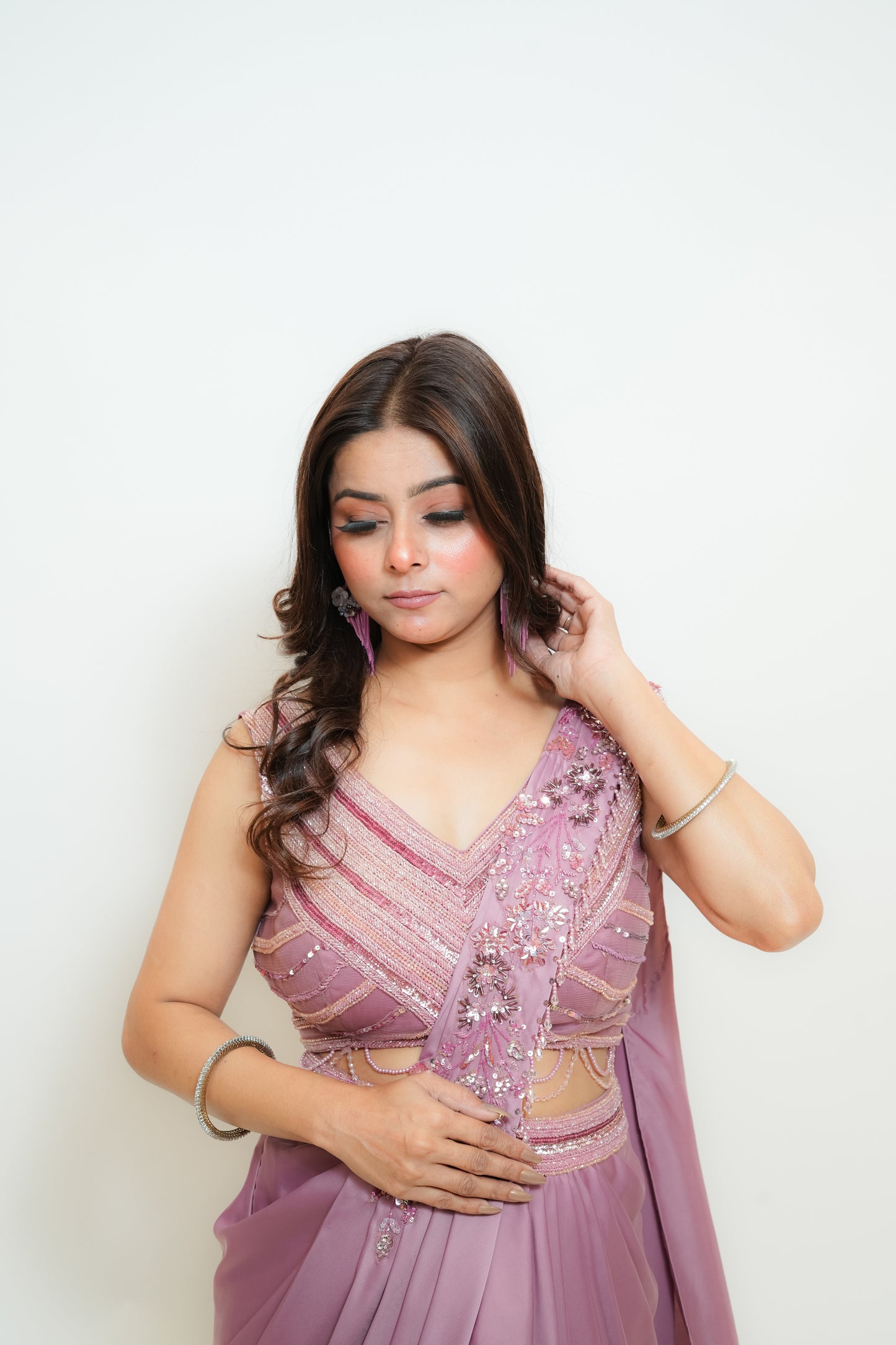 Onion pink bloom drape saree