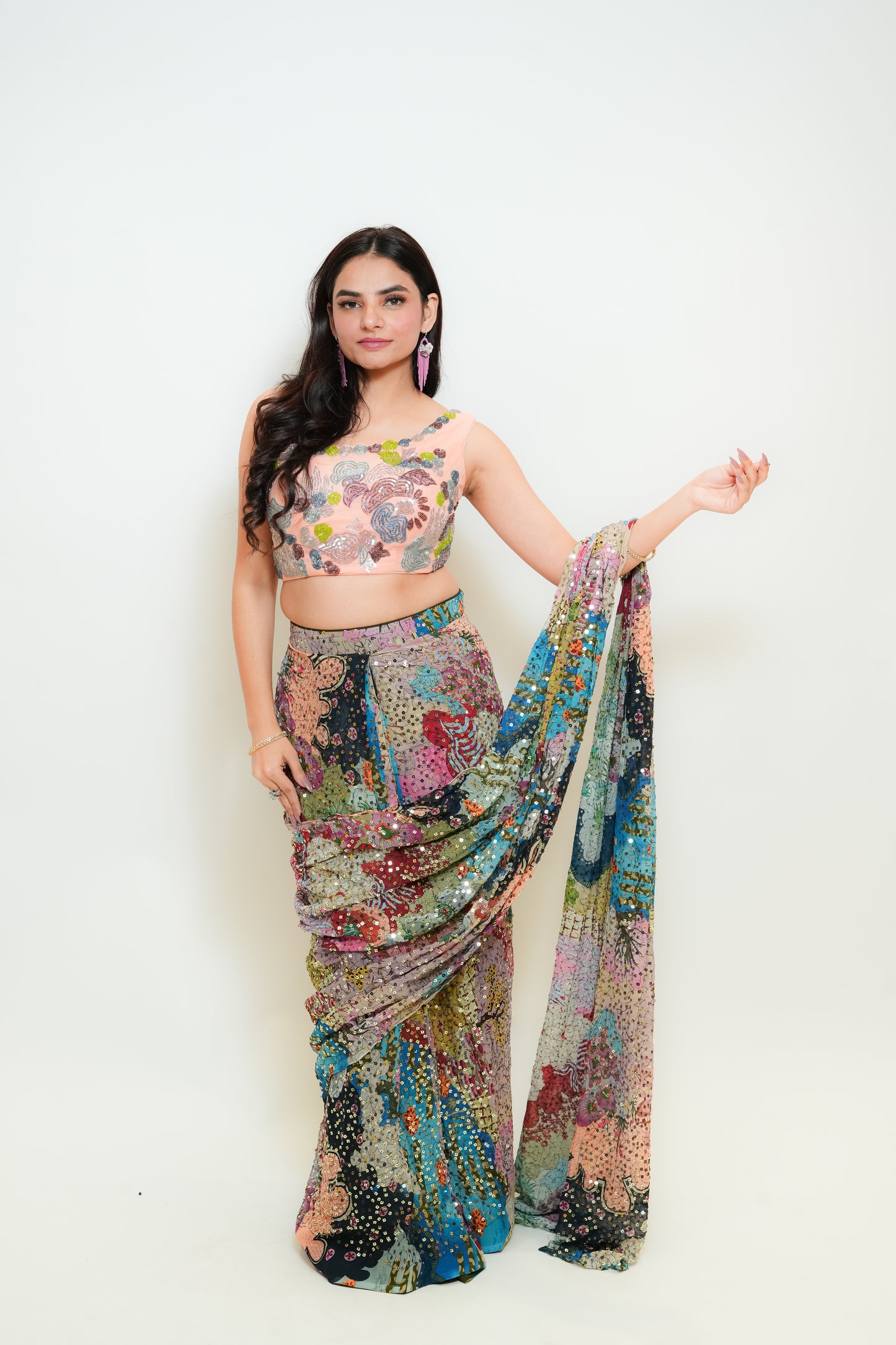 Multicolour sequenced drape saree