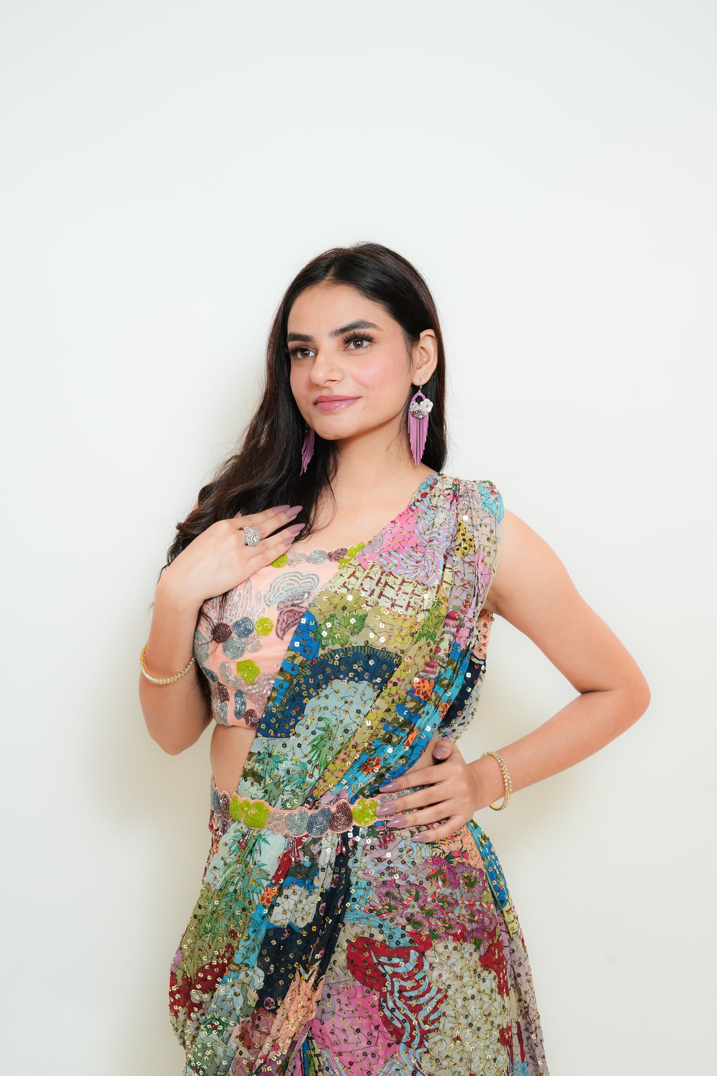 Multicolour sequenced drape saree
