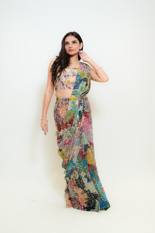 Multicolour sequenced drape saree