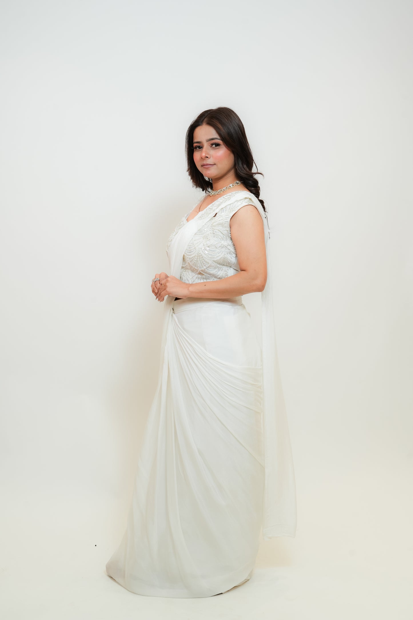 Snow pearl drape saree