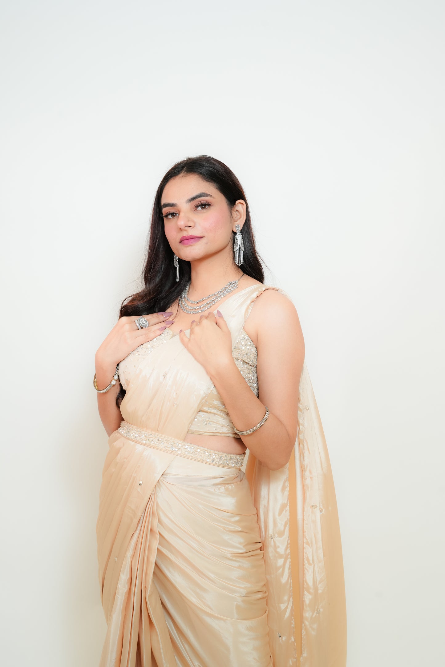 Champagne Glow drape saree